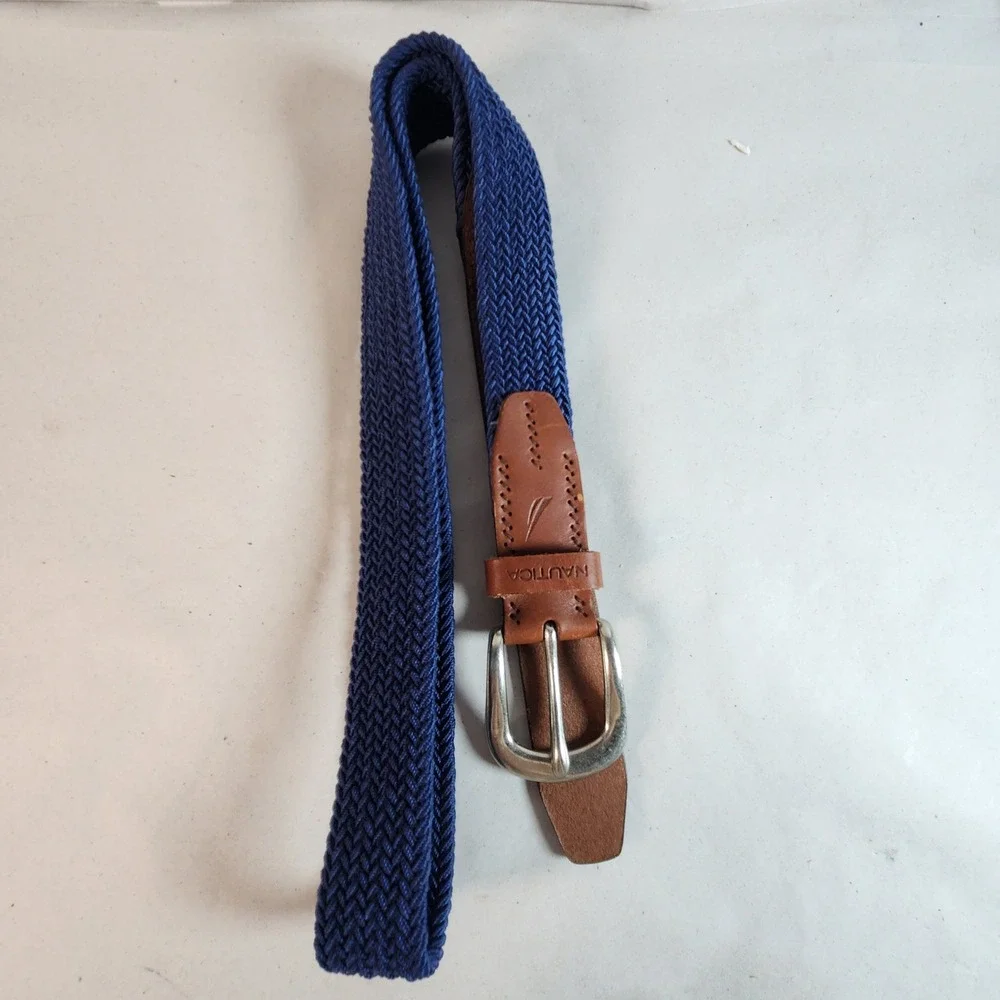 Nautica Mens 38 Braided Web Belt Navy Blue Brown Leather Trim Golf Preppy Resort